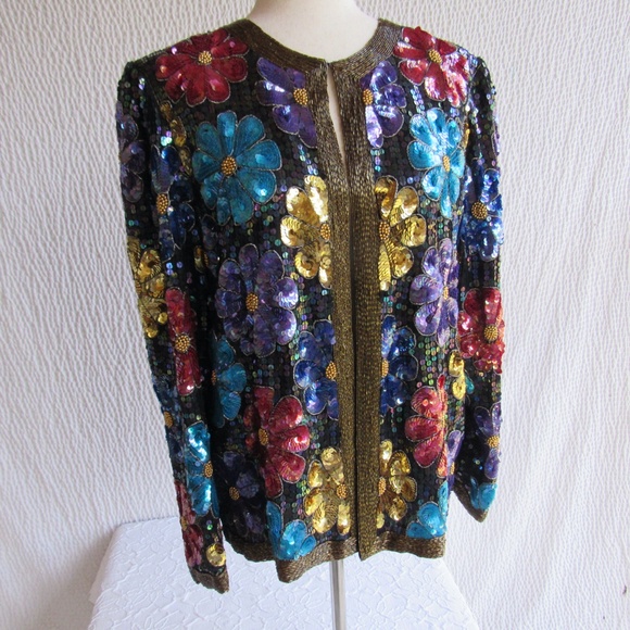 Vintage Evening Sequin Evening Jacket Mod Floral Designer Silk Colorful - Picture 10 of 13